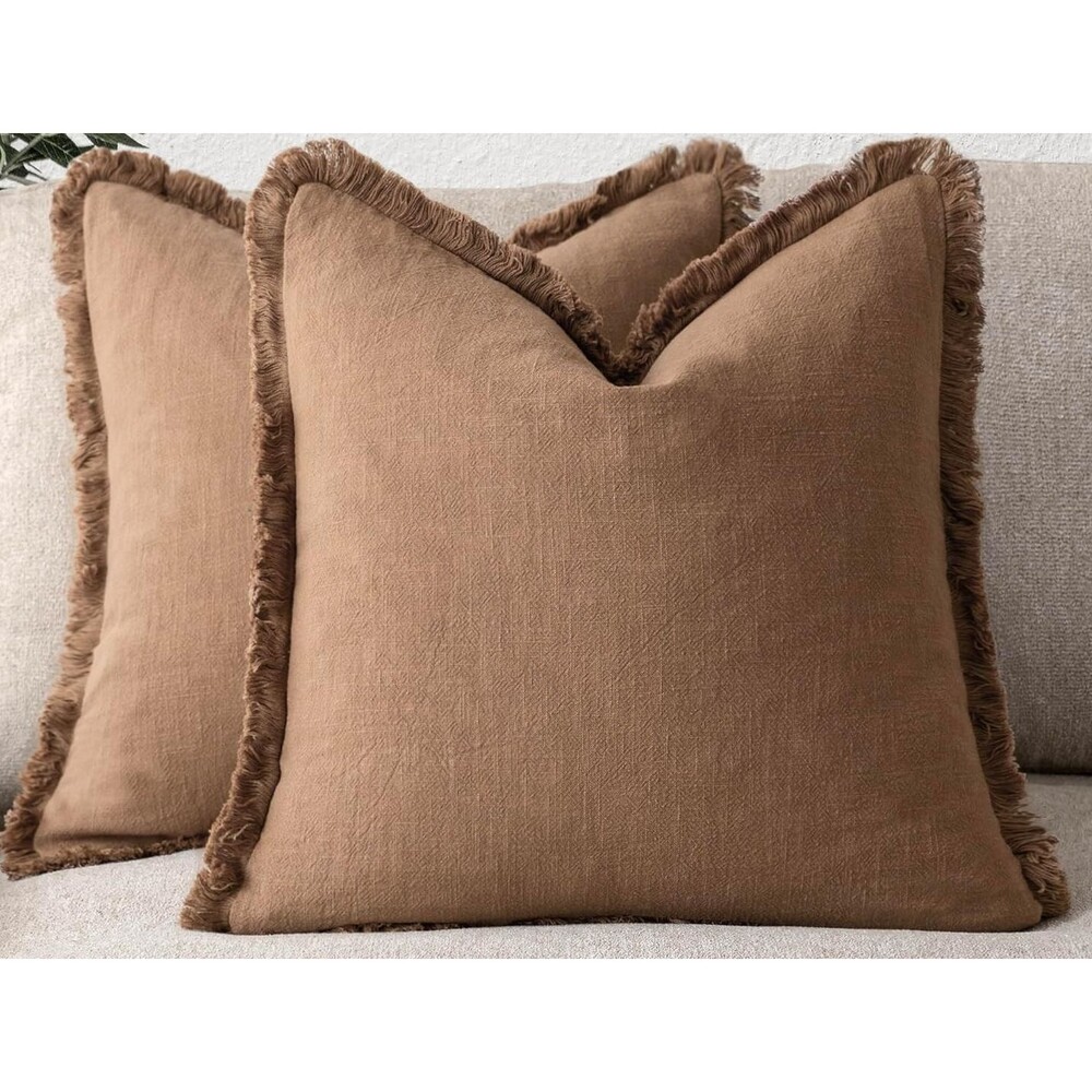 Set of 2 Linen Fringe Throw Pillow Covers Boho Farmhouse Khaki Brown 20x20 New